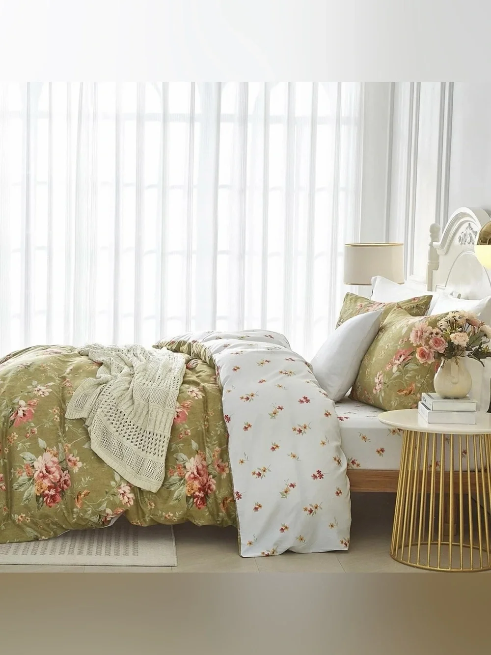 NEW Anthro Green Boho Queen / King Size Reversible Floral Bedding Duvet Sham Set